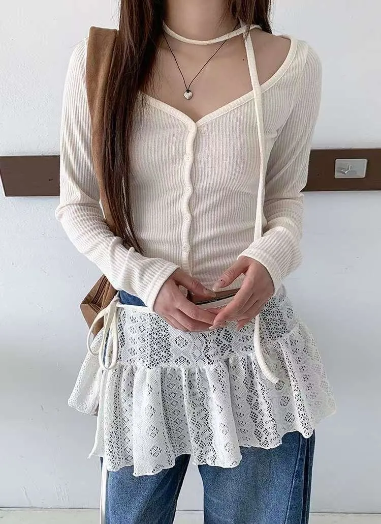 正韓附飄帶鈕扣上衣