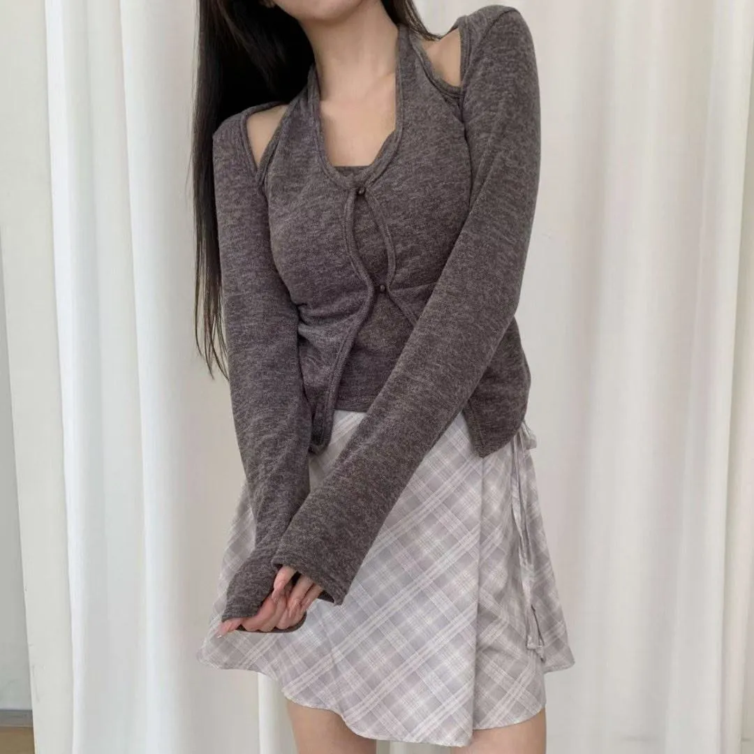 正韓掛脖針織鈕扣假兩件上衣