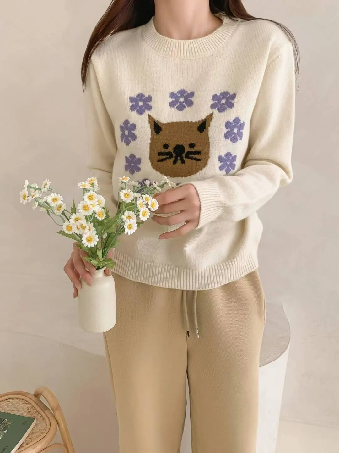 正韓花圈貓咪毛衣