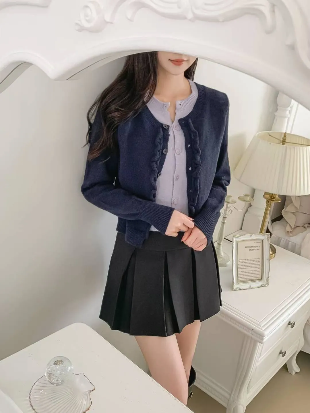 正韓假兩件木耳邊針織上衣