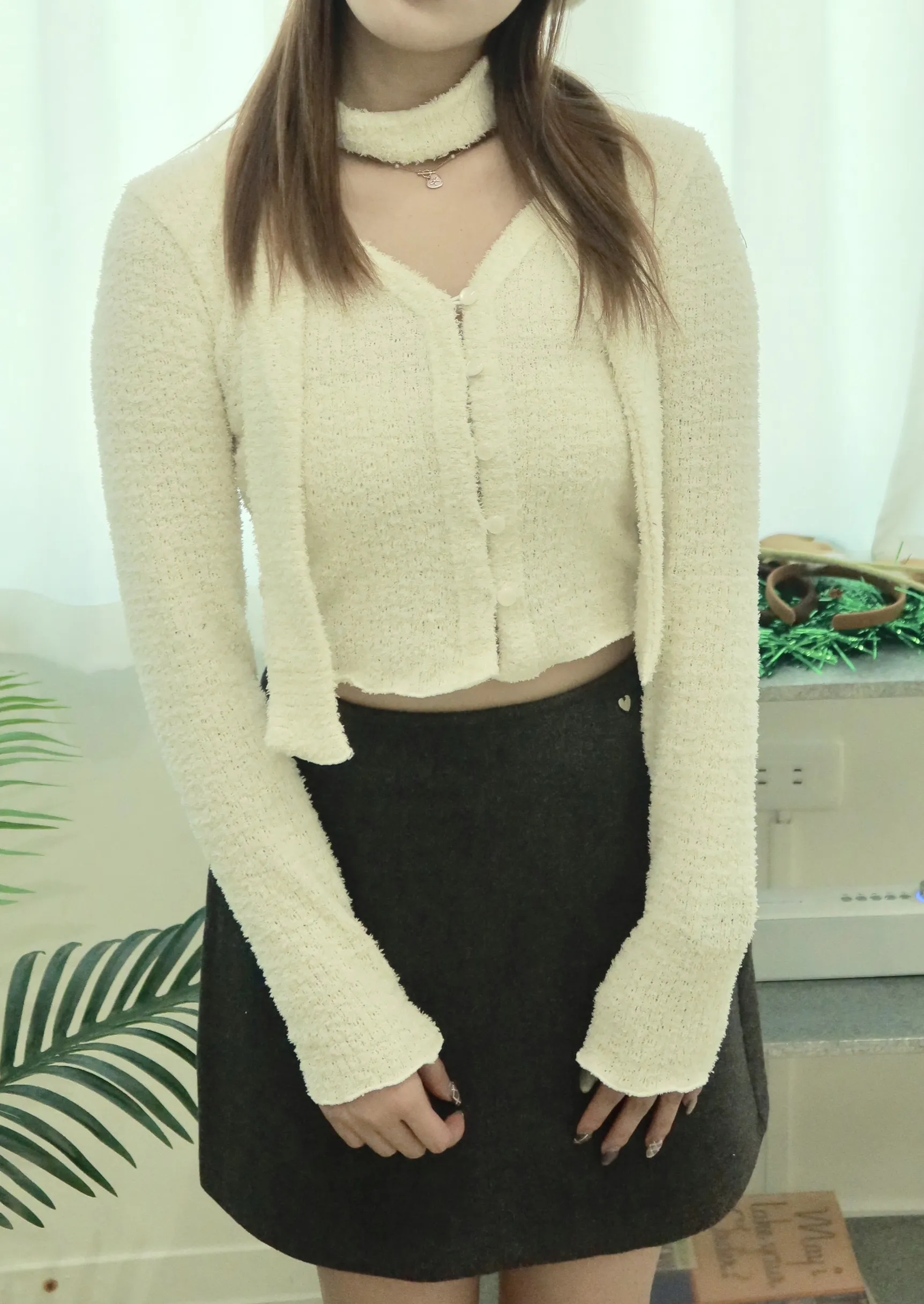 正韓QQ毛圍巾鈕扣套裝