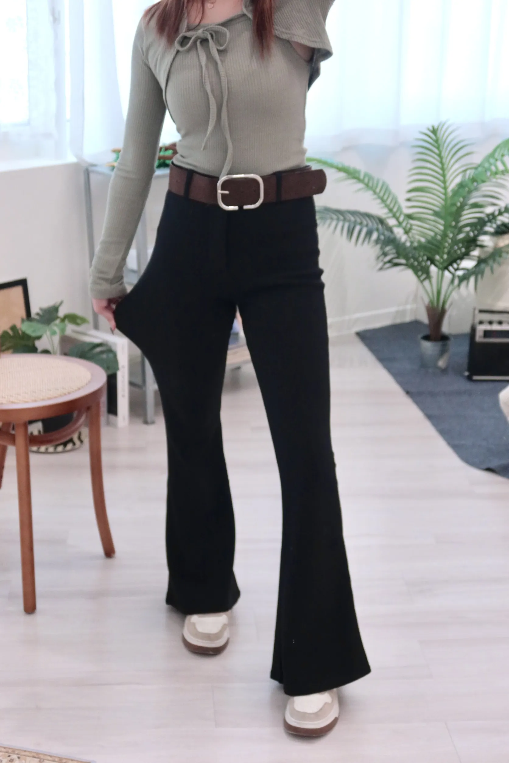 高腰顯瘦微喇加絨加厚神褲（配腰帶）