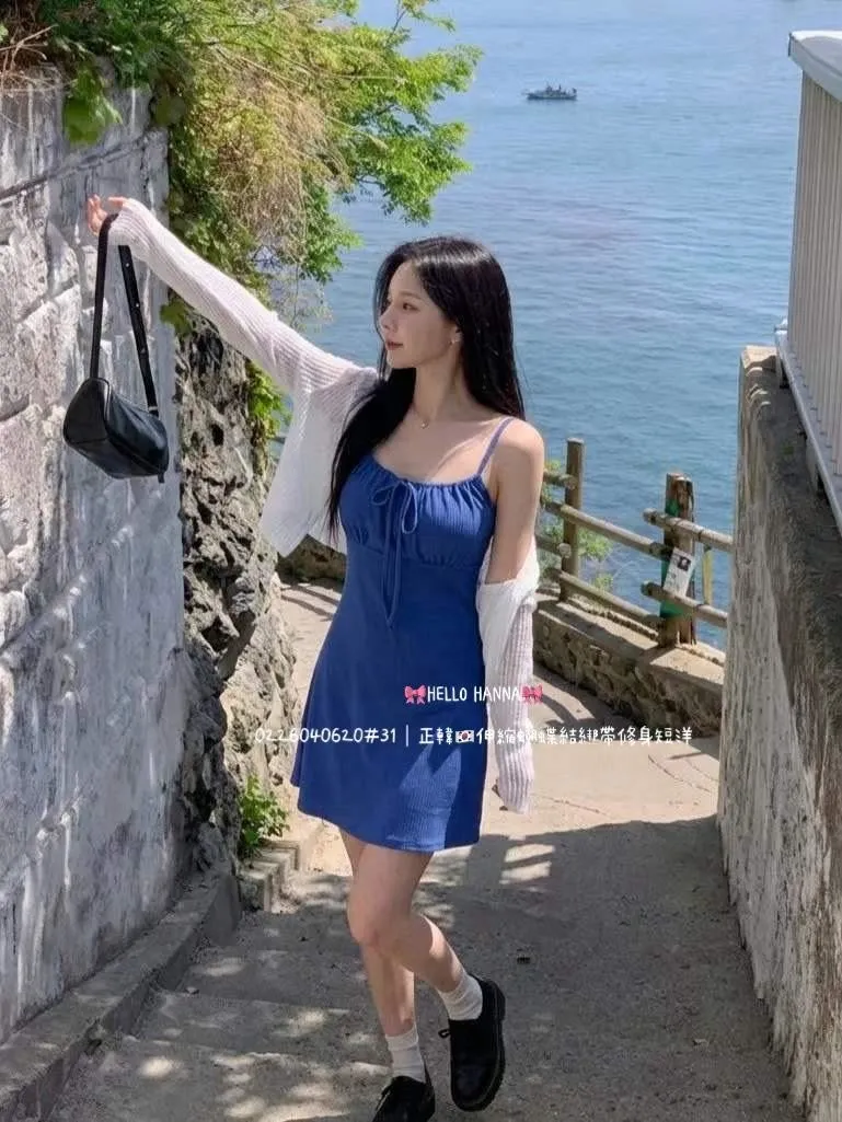 正韓伸縮蝴蝶結綁帶修身短洋