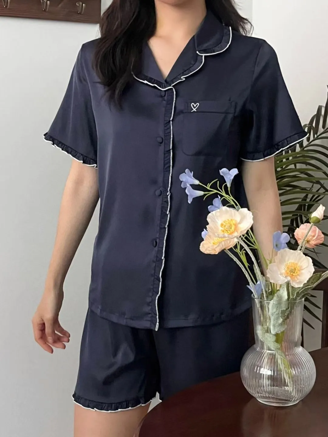 正韓滾邊刺繡親膚涼感睡衣套