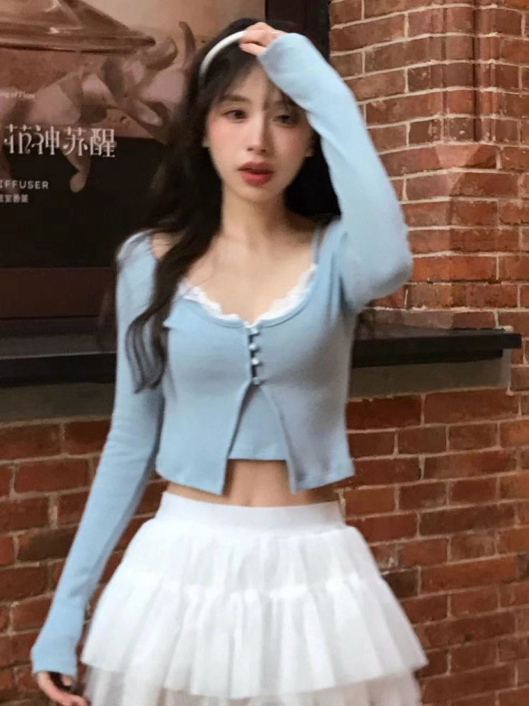 正韓貝貝蕾絲假兩件開衫