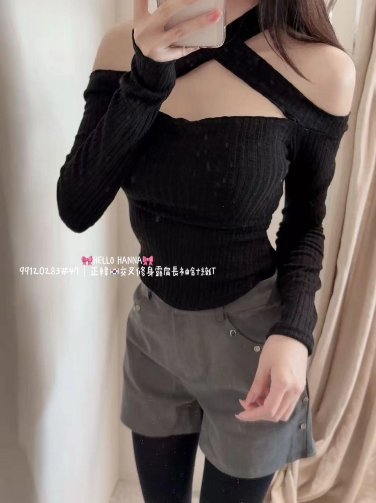 正韓交叉修身露肩長袖針織Ｔ恤