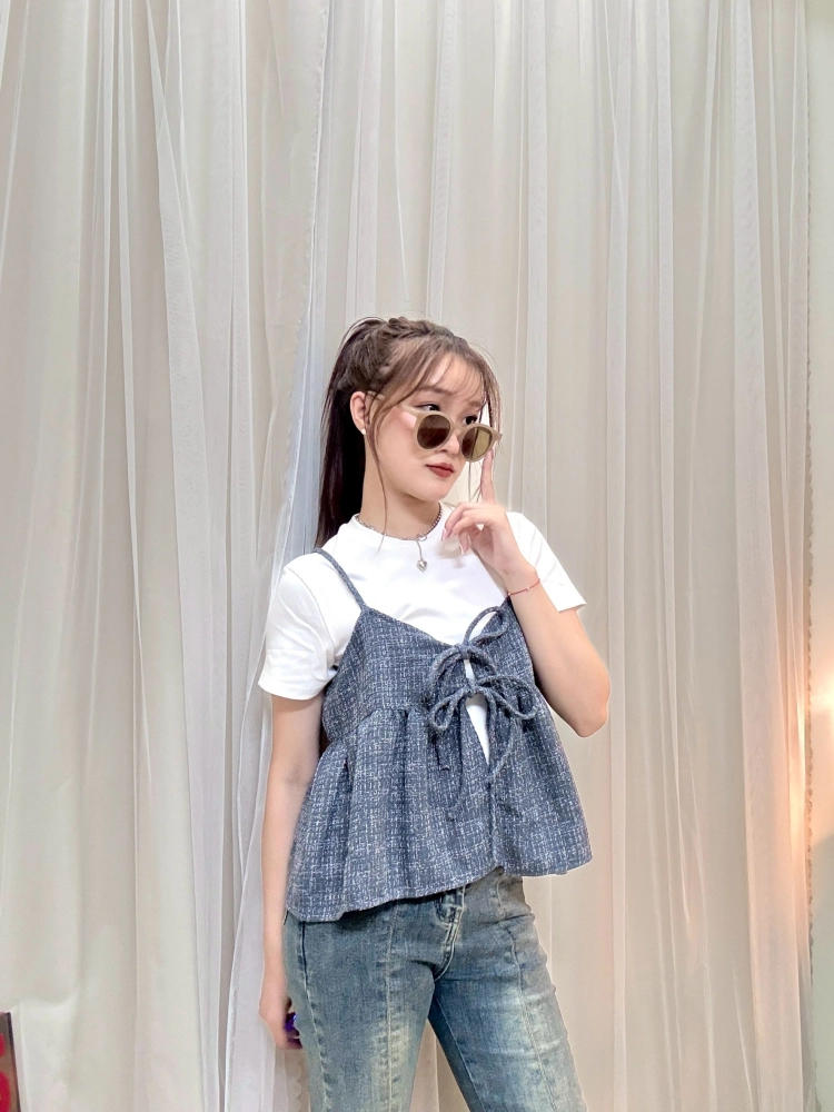 日系疊穿-細肩小香格紋雙綁帶背心