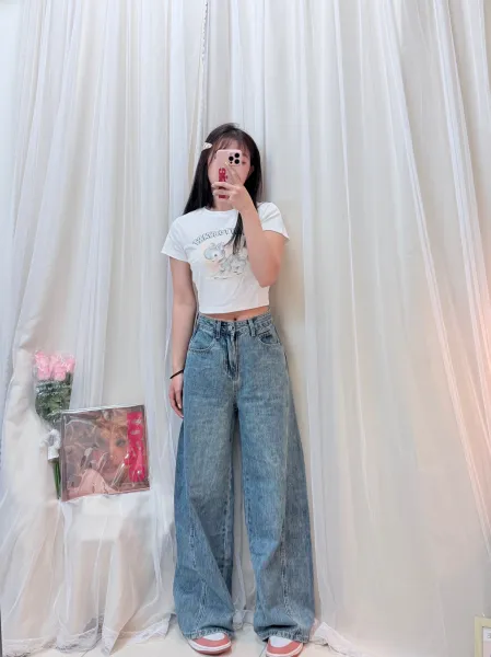 大腿藏匿術-顯瘦刷色高腰錐形寬褲