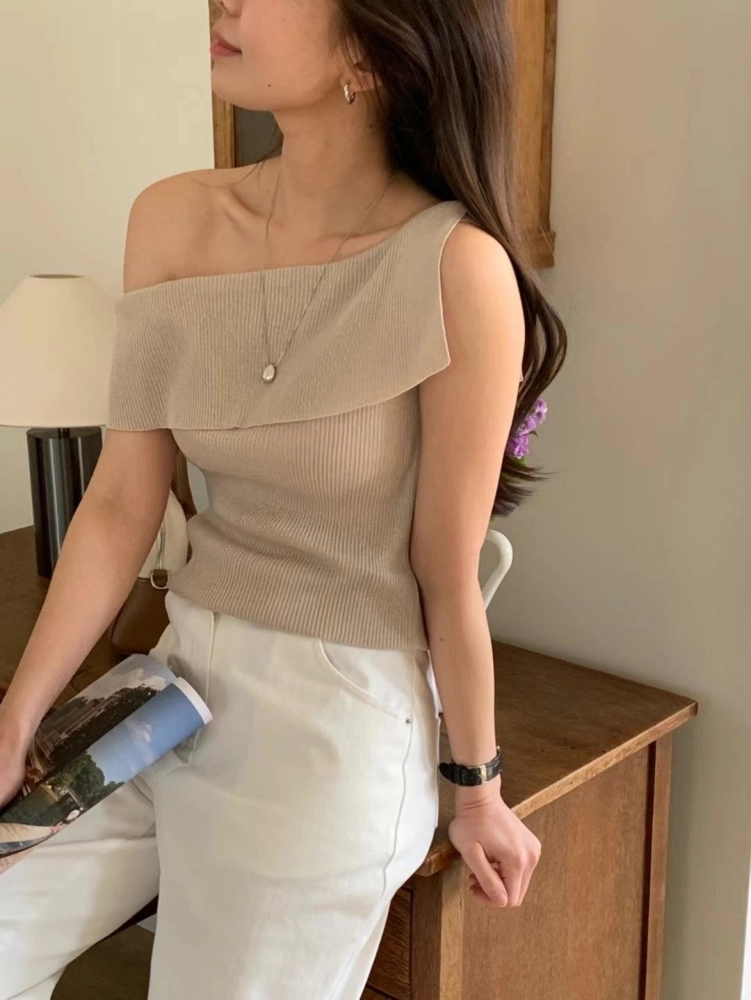 正韓亞麻羅紋針織一字領