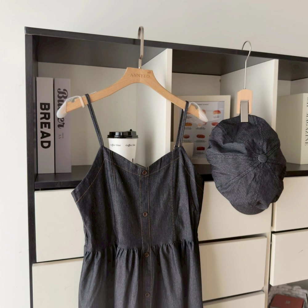 細肩排釦丹寧長洋