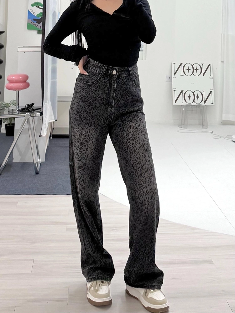 低調黑灰豹紋直筒褲