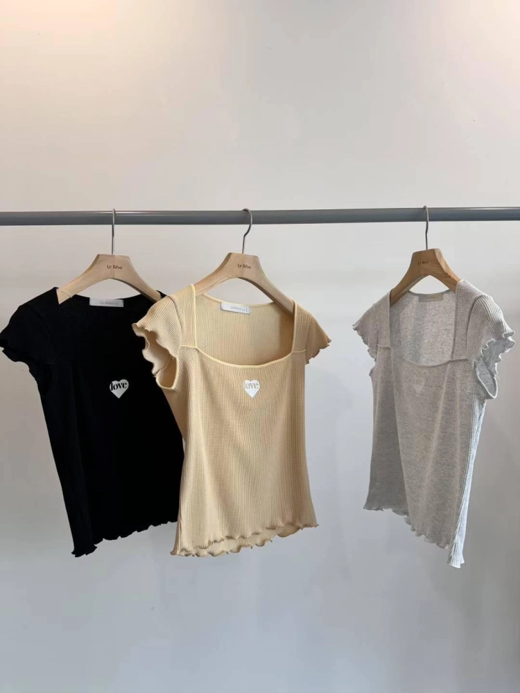 正韓華夫格方領印花荷葉邊上衣