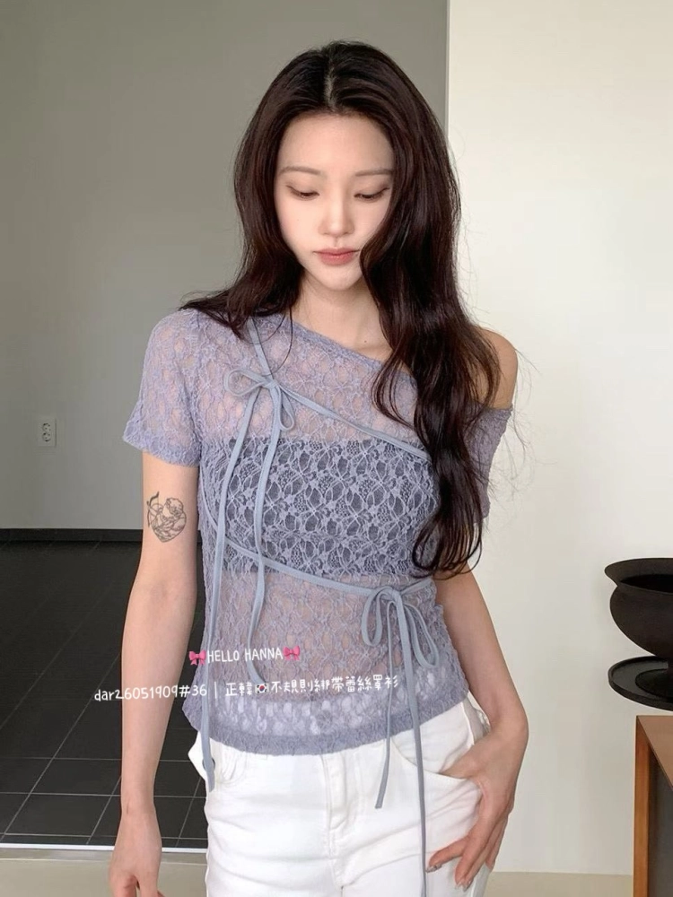 正韓不規則綁帶蕾絲罩衫
