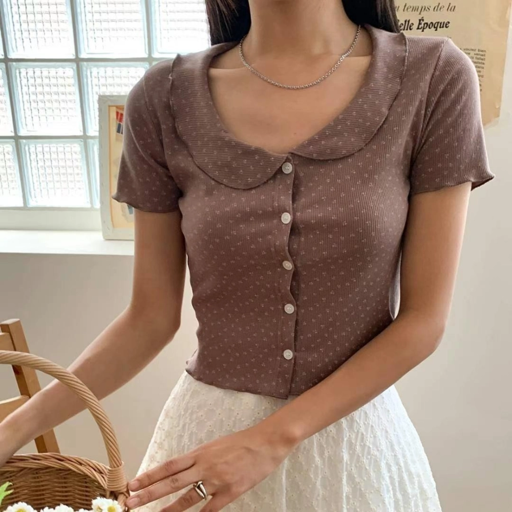 正韓翻領碎花排釦修身上衣