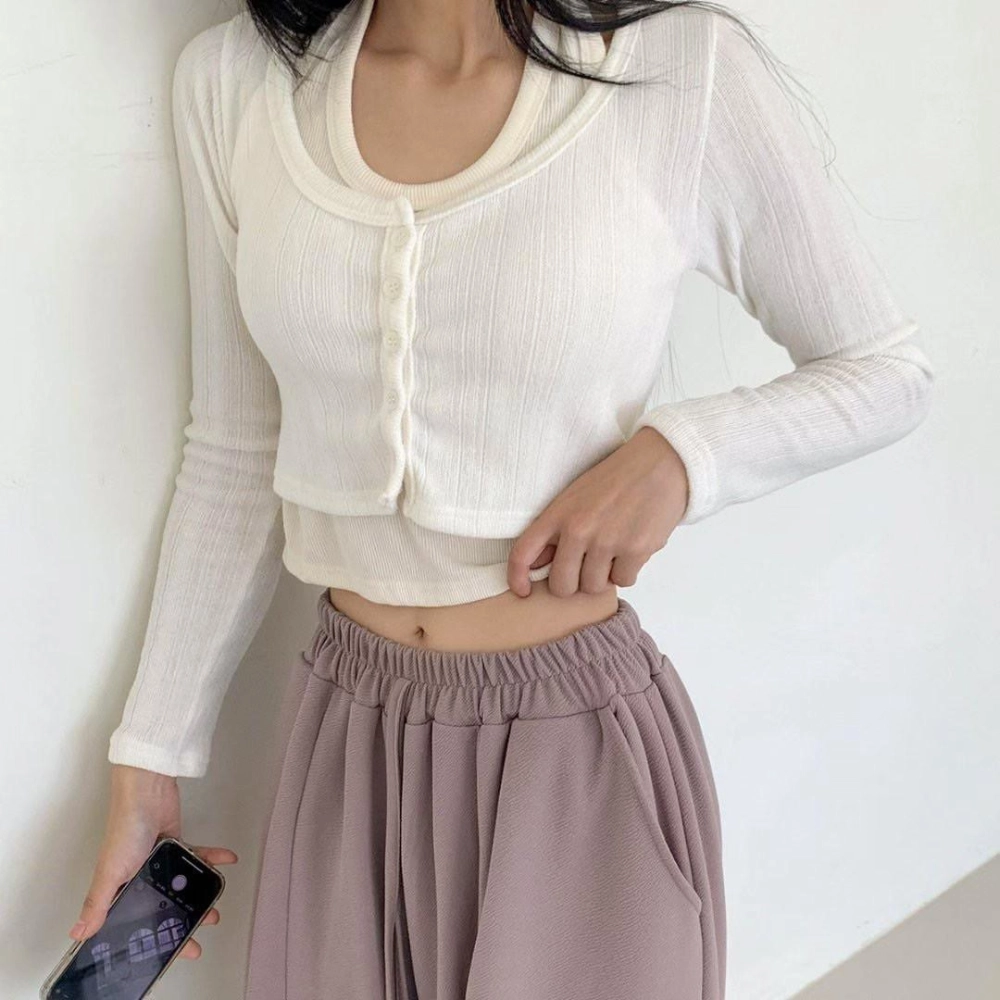 正韓掛脖假兩件層疊上衣