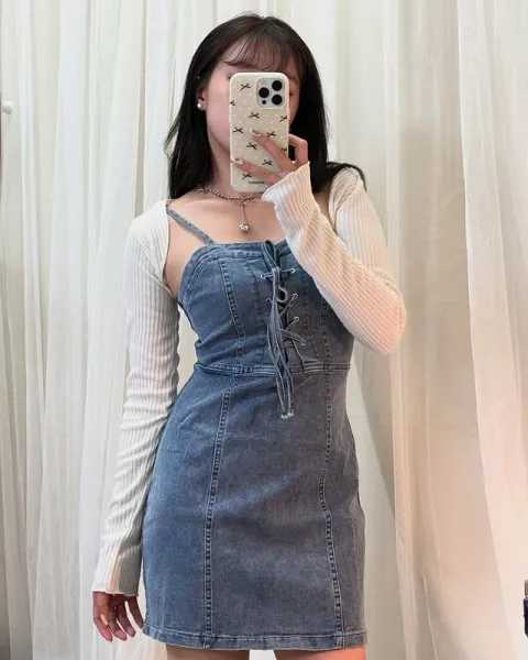 正韓彈力牛仔綁繩洋裝