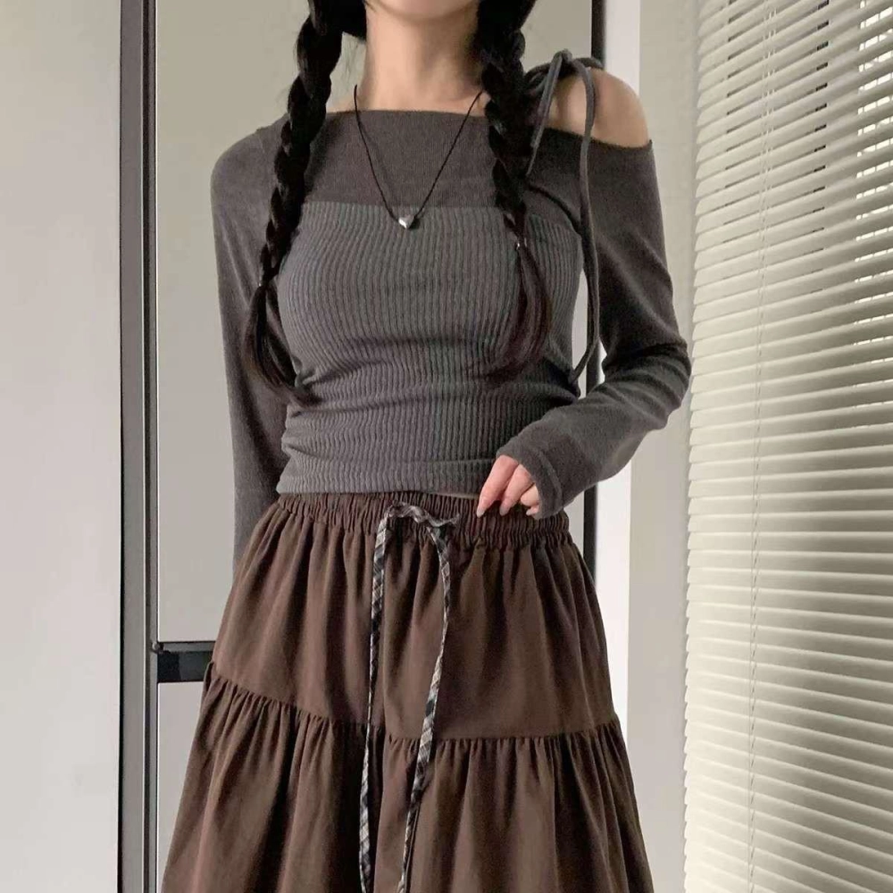 正韓露肩針織假兩件上衣