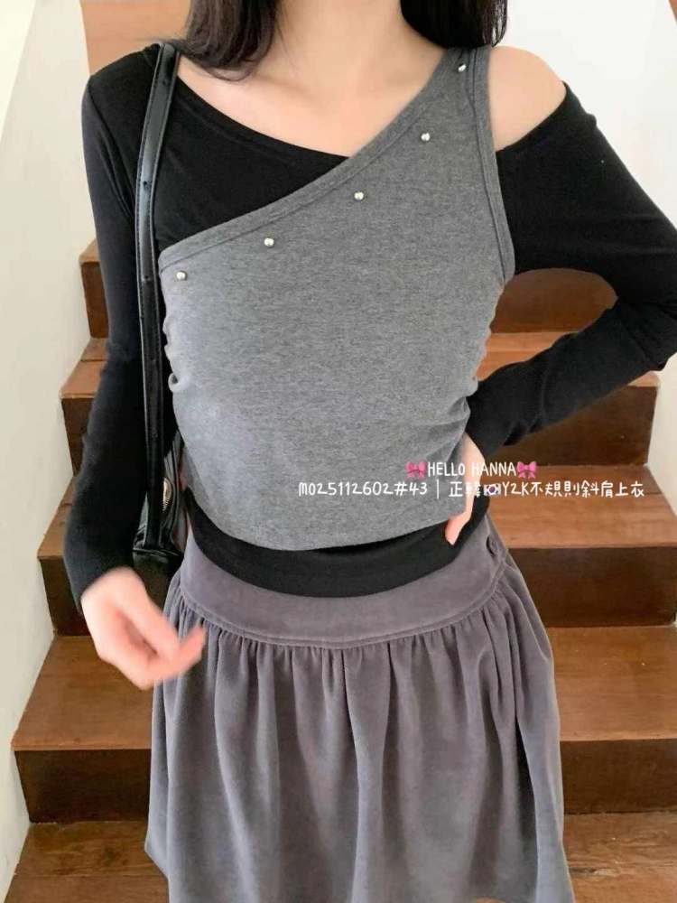 正韓Y2K不規則斜肩上衣