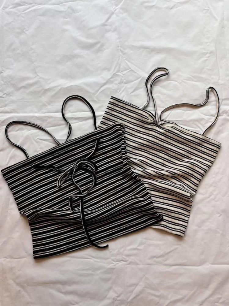 正韓褶皺條紋針織吊帶蝴蝶結層背心