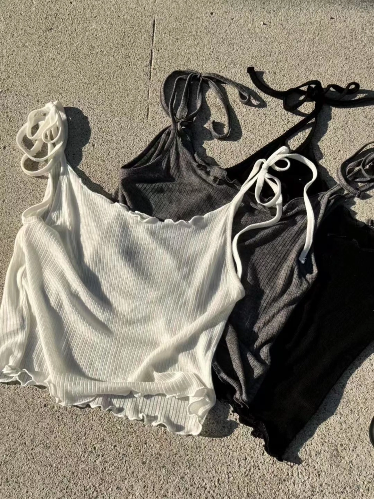 正韓荷葉邊螺紋蝴蝶結背心