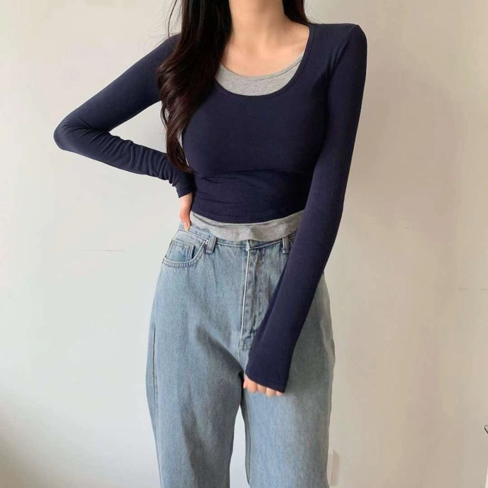 正韓拼接層次假兩件上衣