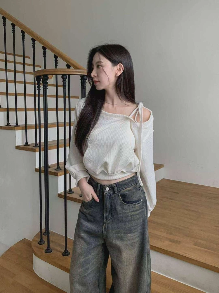 正韓露肩休閒大口袋上衣