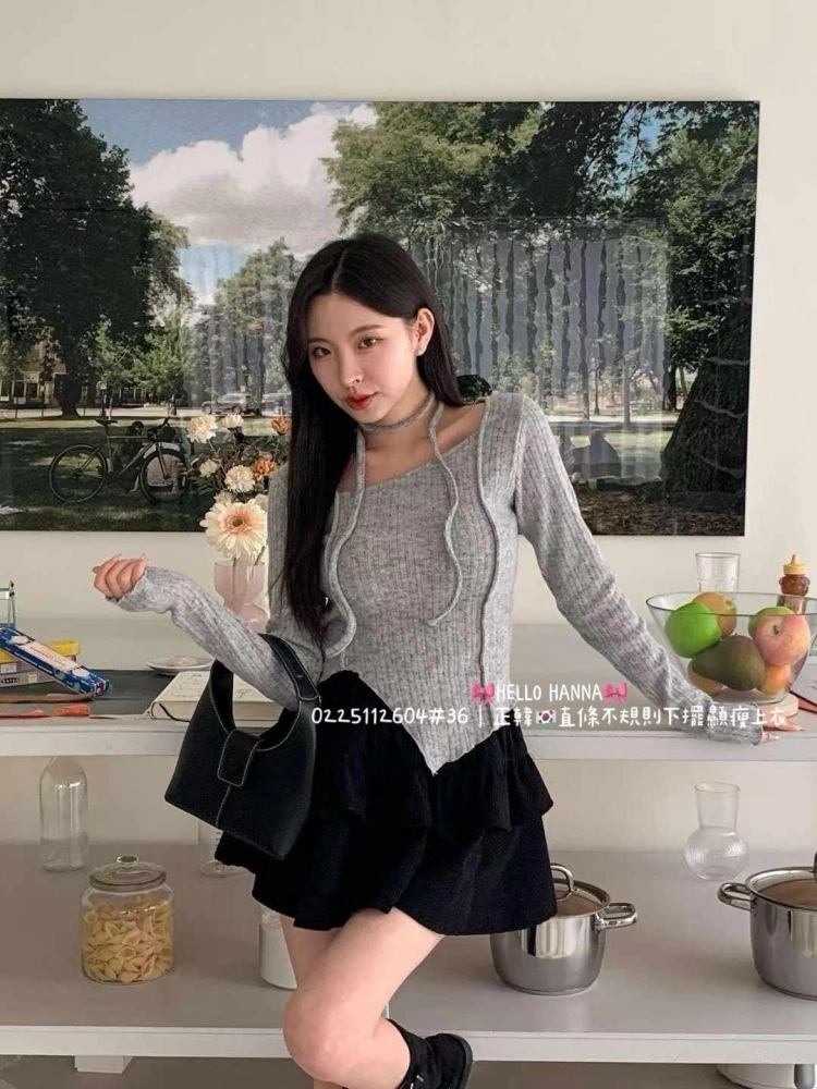 正韓直條不規則下擺顯瘦上衣